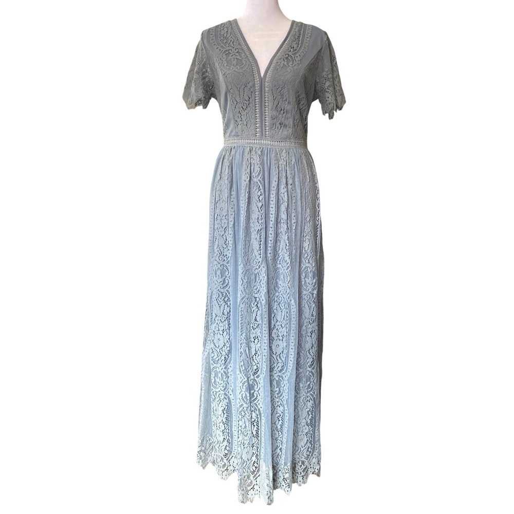 Floral Lace Blue Maxi Dress Medium Formal Femme Cottagecore Bridesmaid Victorian